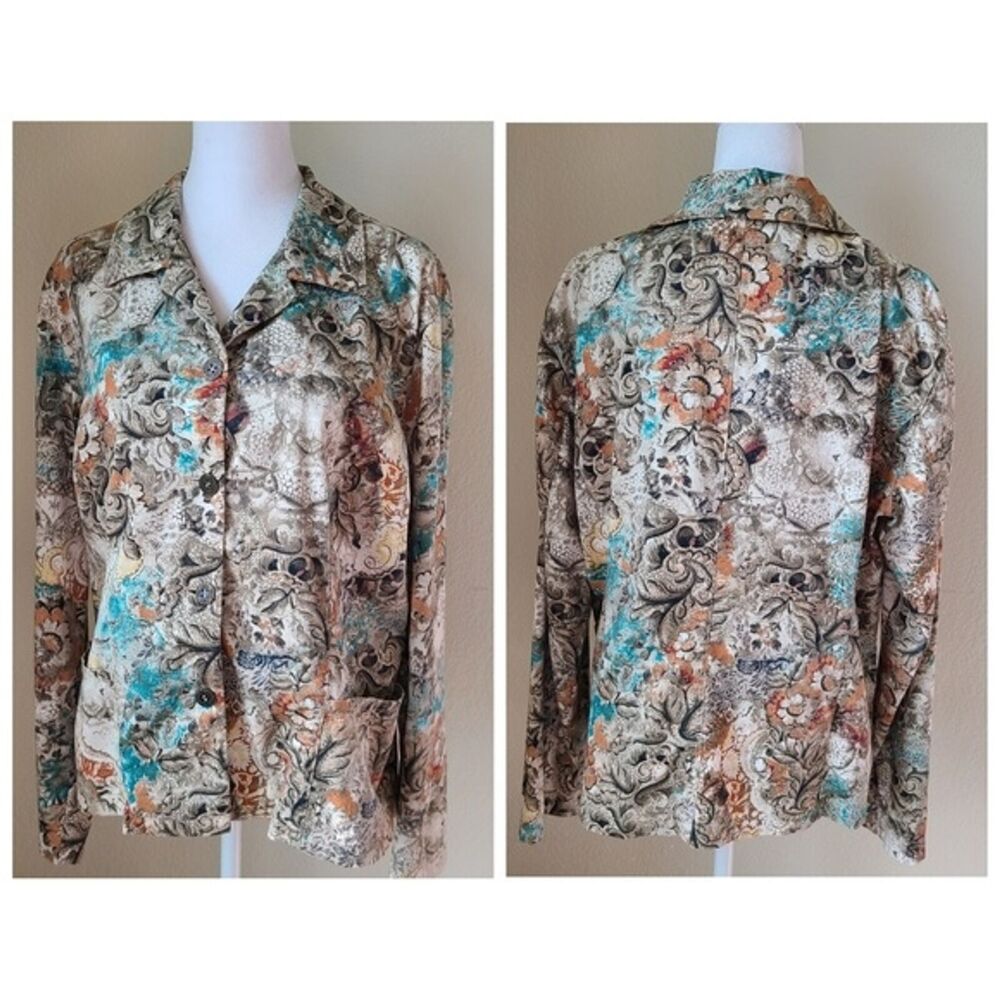 Chicos Floral Jacket 1 / Medium Cotton‎ Spandex Button Up Collar Long Sleeve